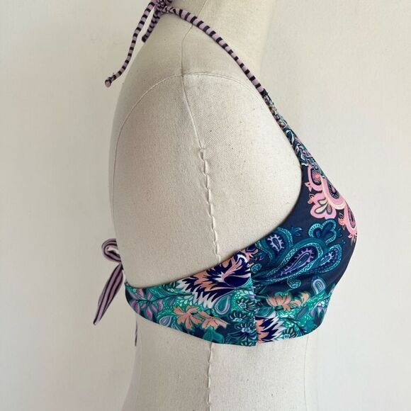 True Craft High Neck Reversible Bikini Top Size Large Paisley Floral and Striped - Picture 5 of 12